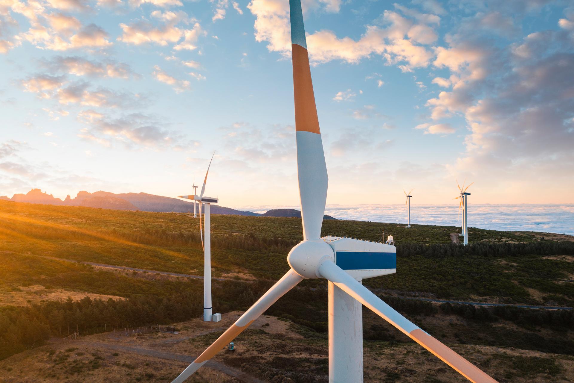 wind turbines in sunset